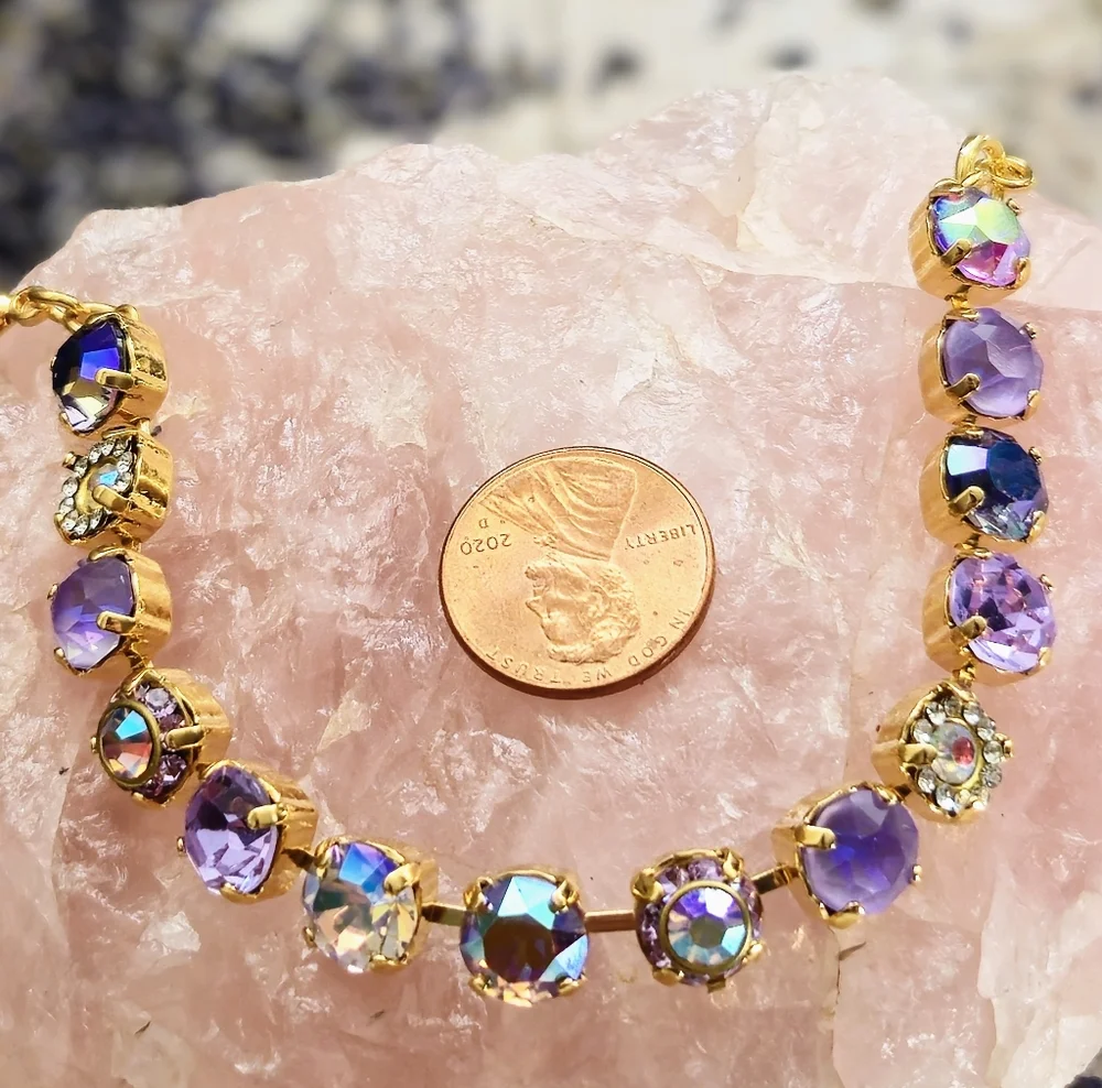 Lavender Violet &  Flower Crystals AB In Classic Tennis Gold Plated Bracelet